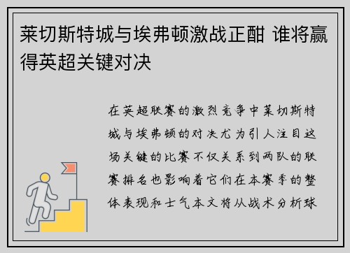 莱切斯特城与埃弗顿激战正酣 谁将赢得英超关键对决