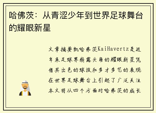 哈佛茨：从青涩少年到世界足球舞台的耀眼新星